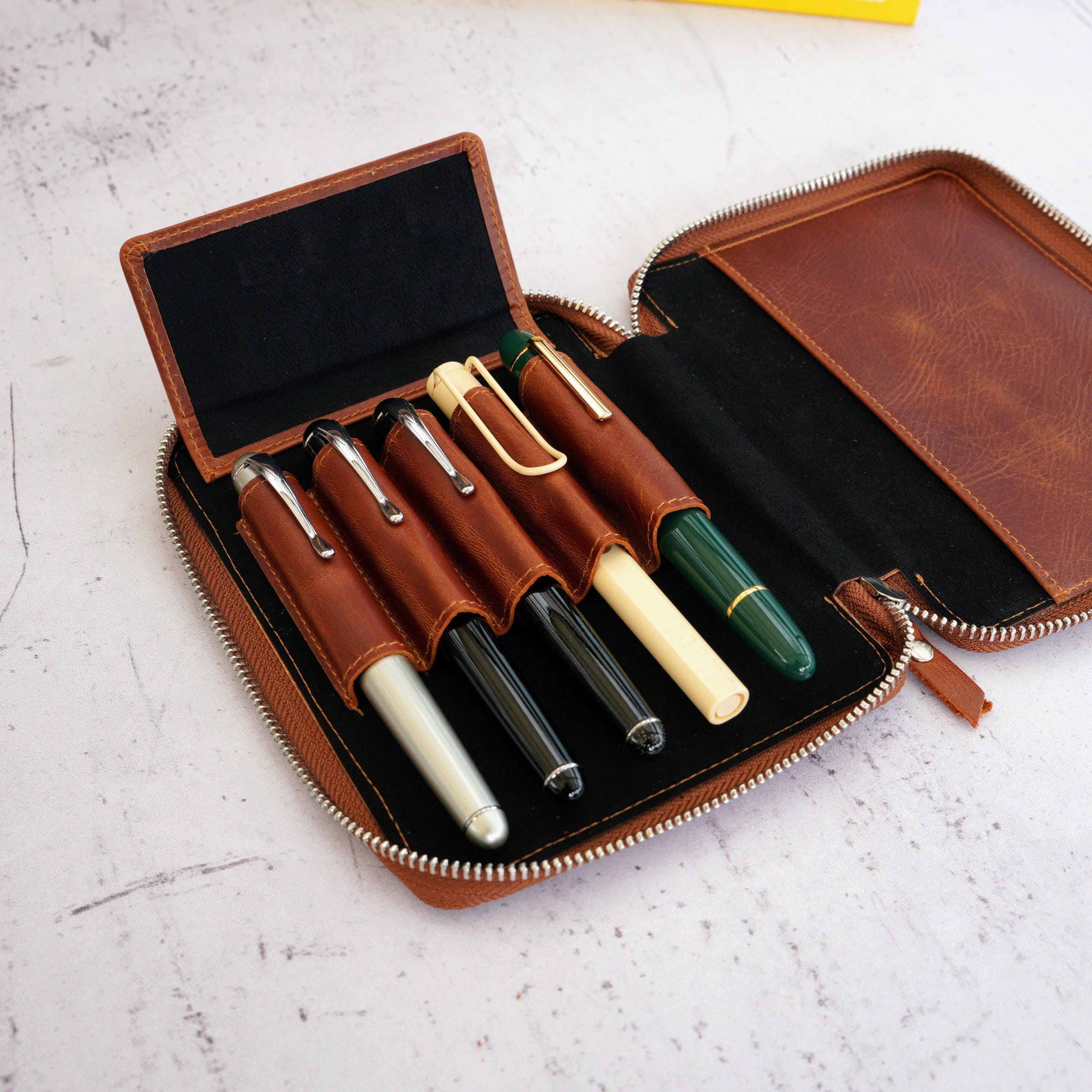 ファスナー付き5本差しレザー万年筆ケース | ペンホルダー7色 - Etsy 日本