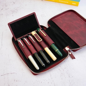 Zippered Leather Pen Case for 5 Pens & Notebook | 7 Colors