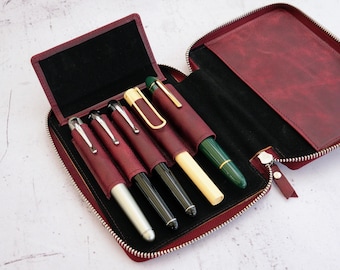 Zippered Leather Pen Case for 5 Pens & Notebook | 7 Colors