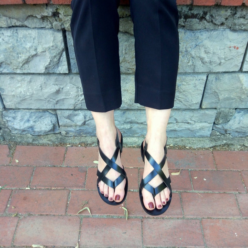 black flat sandals Summer flat leather sandals women leather sandals ancient Greek strappy sandals leather sole sandals