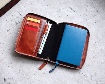 Leuchtturm1917 Pocket (A6) Leather Cover with Zipper - Compatible with A6 Notebooks, Field Notes and Passports - Brown, Gray, or Green Color