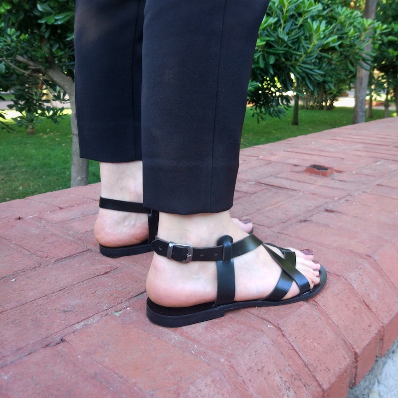 black flat sandals Summer flat leather sandals women leather sandals ancient Greek strappy sandals leather sole sandals