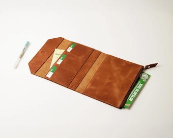 A5 leren reizigersnotitieboekje | Magnetische snel toegankelijke flap en ritssluiting portemonnee-organizer | Handwerk van Claus
