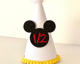 Mickey Mouse Half Birthday Hat, White Pom Poms