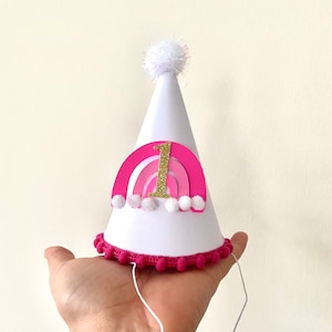 Boho Rainbow First Birthday Party Hat: Pink Pom Poms