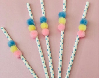 Fiesta Party Straws: Pastel Pom Pom Decorations (Set of 10)