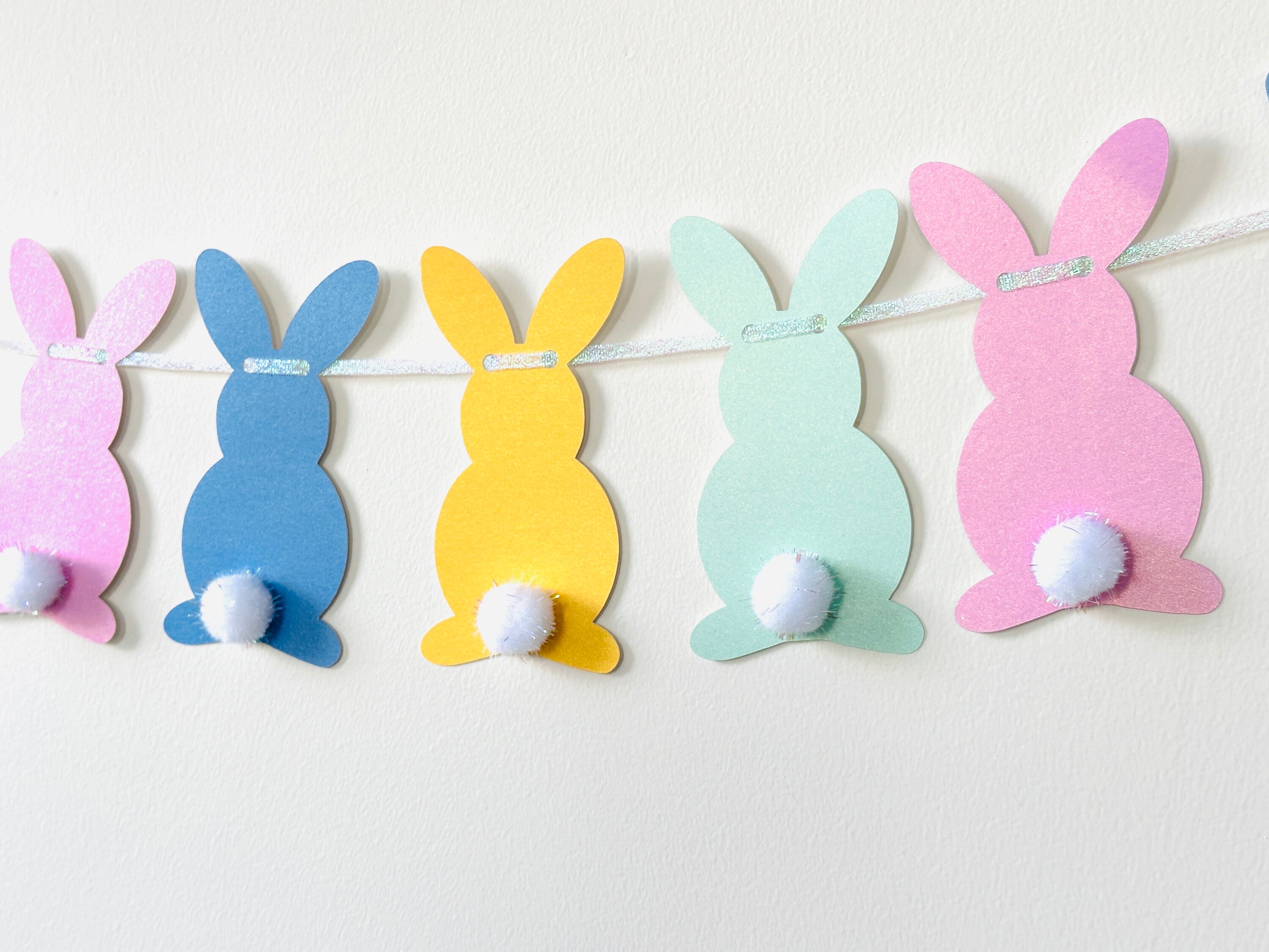 Bunny Garland: Pastel Card Stock Banner With Pom Pom Tails - Etsy