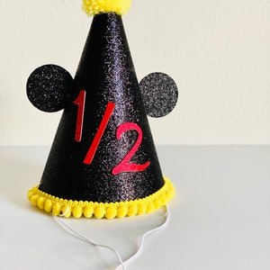 Mickey Mouse Half Birthday Hat, Yellow Pom Poms