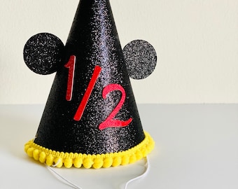 Mickey Mouse Half Birthday Hat, Yellow Pom Poms