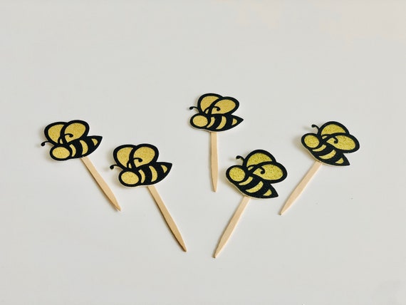 Glitter Bee Cupcake Toppers: Set of 12, Bee Theme Party