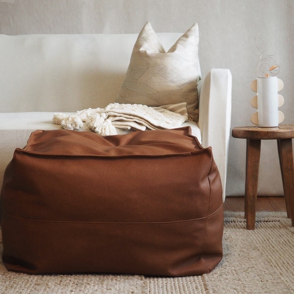 Vegan Leather Ottoman Pouf, handmade, Cognac, Unstuffed