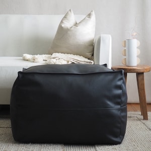 Vegan Leather Ottoman Pouf, Handmade, Black Unstuffed
