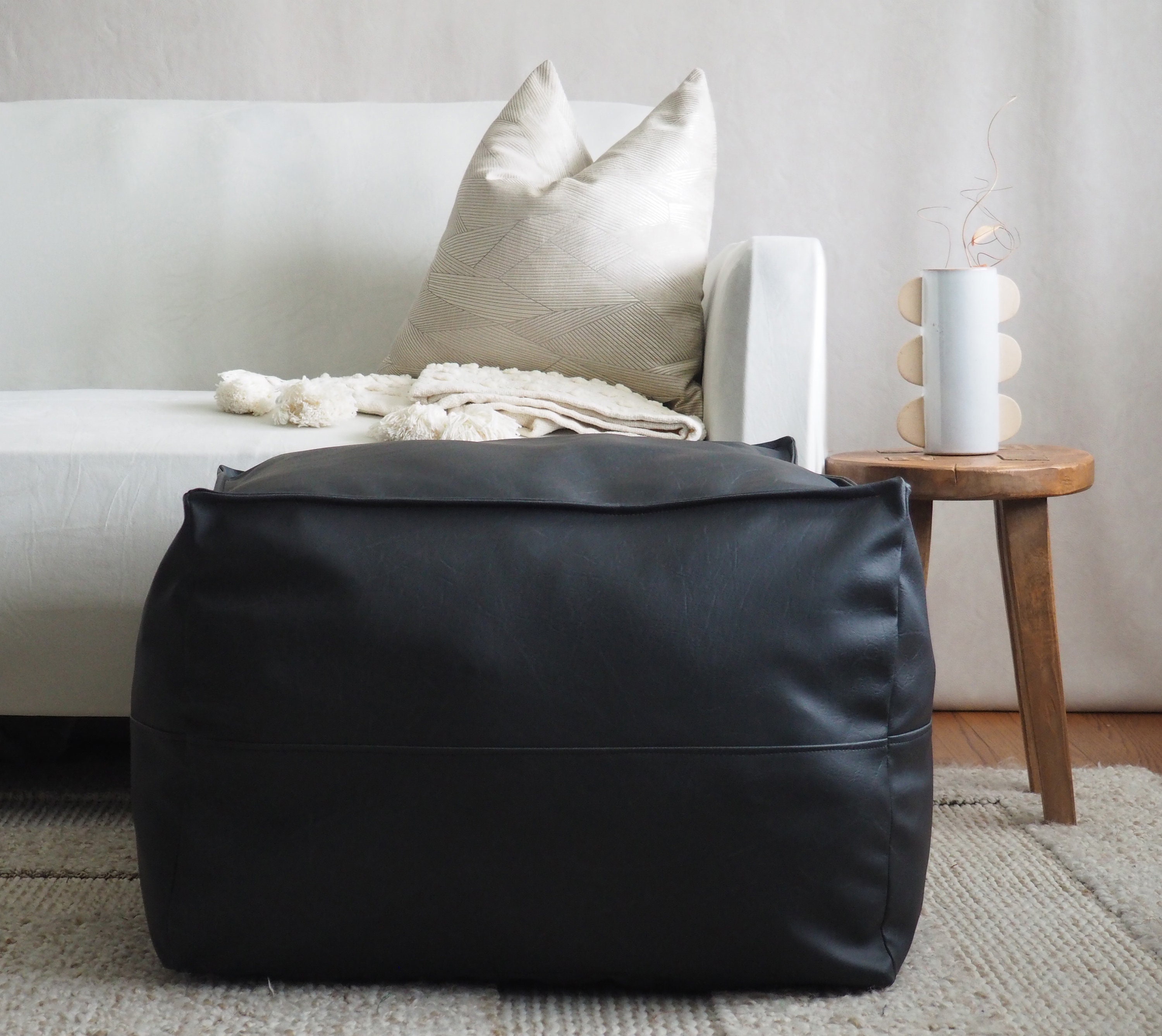 Black Faux Leather OttomanPouf/Unstuffed Etsy