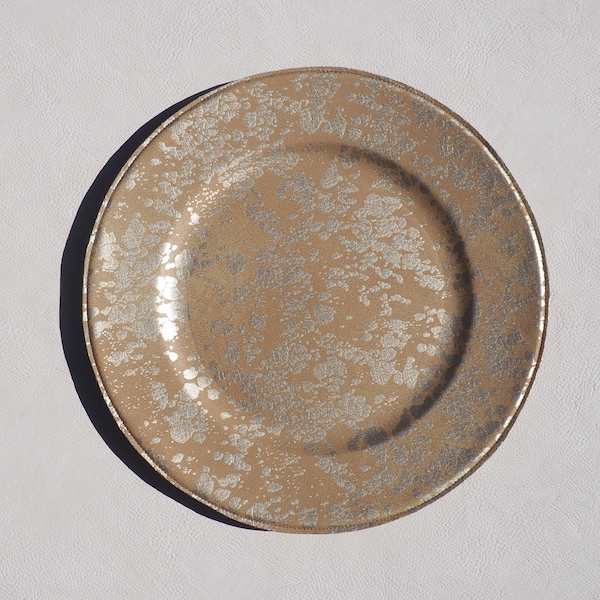 Charger Plate Vegan Leather Golden Speckle, handcrafted, modern heirloom. 13 inch