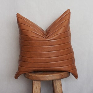 Vegan Leather Throw Pillow Cover Channel Stitched Caramel