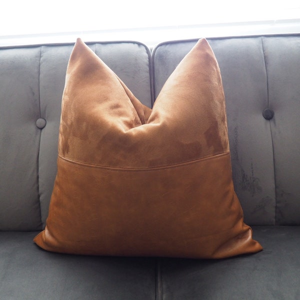 Suede Vegan Leather Throw Pillow Cover Golden Brown