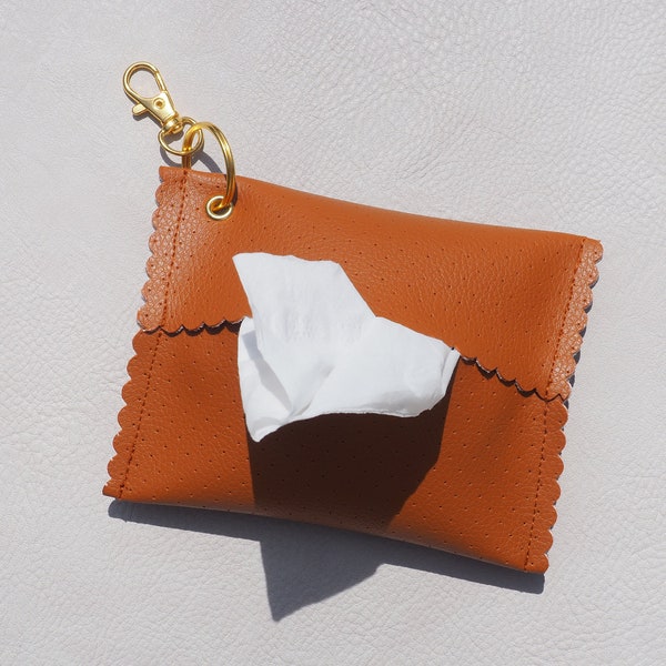Tissue holder, Purse Tissue Holder, Travel Tissue Holder, Keychain Tissue Holder, Camel, Cognac, Vegan Leather Tissue Holder