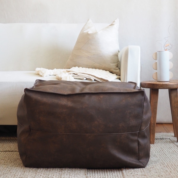 Vegan Leather Ottoman Pouf, Handmade, Unstuffed, Chocolate, Dark Brown