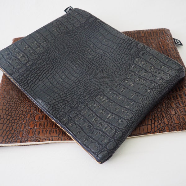 Vegan Crocodile Leather Laptop Zip Cover, Everyday Pouch, soft shell