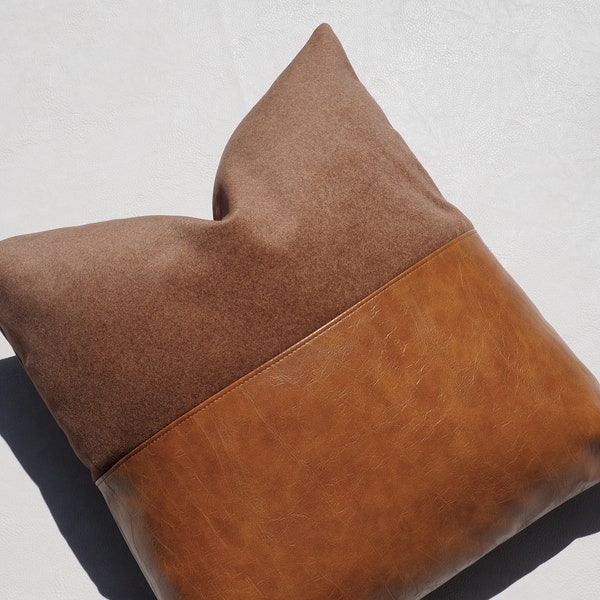 Velvet Vegan Leather Throw Pillow Cover Golden Brown