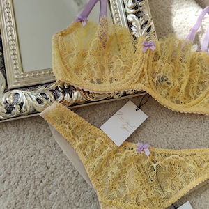 Sultry Sunshine: Yellow Lace Lingerie Set with Sheer Mesh Details