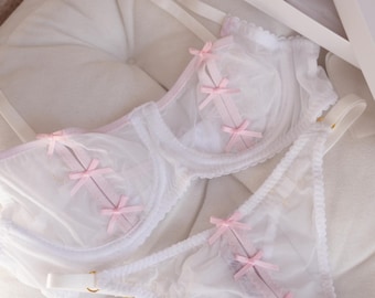 white mesh  Lace Lingerie Set - Handmade Bra and Panties