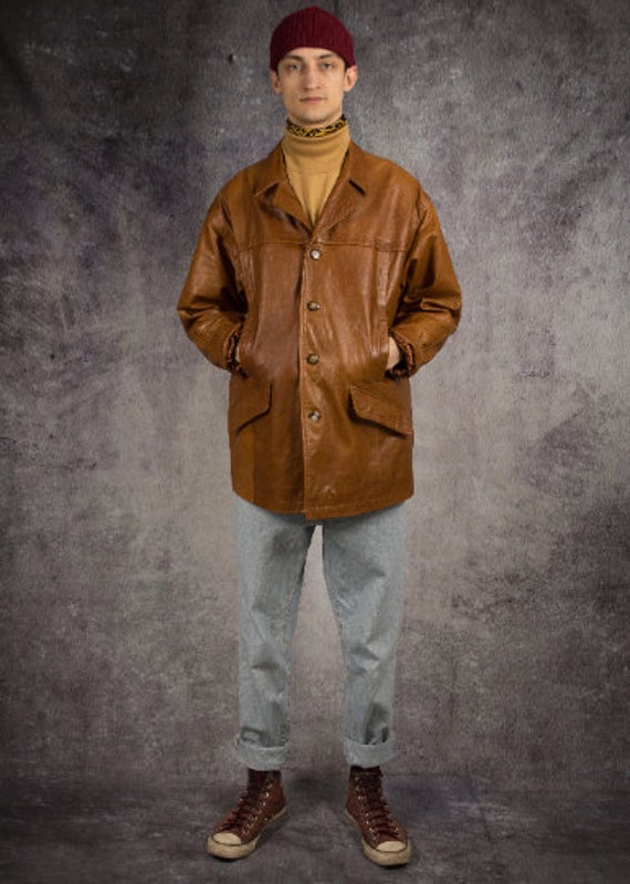 Car Jacket Old School 90s Camel Brown, Heavy Real Leather Men