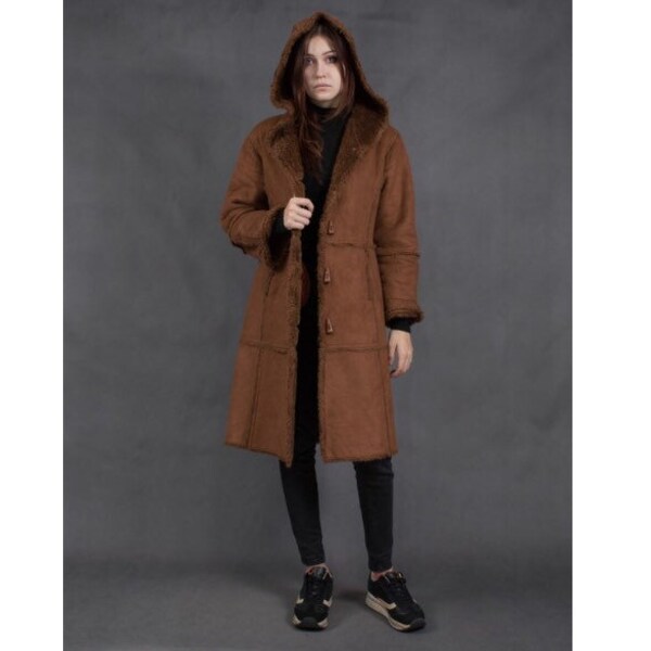 Vintage 90's hooded, dark brown faux sheepskin women's long coat •Vintage clothing