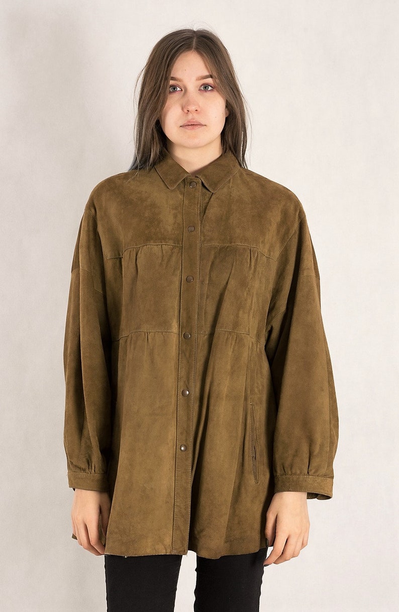 Vintage 90s karl lagerfeld women/'s light brown Suede long sleeve button up shirt \u2022 Hippie designers Collar shirt \u2022 Vintage clothing