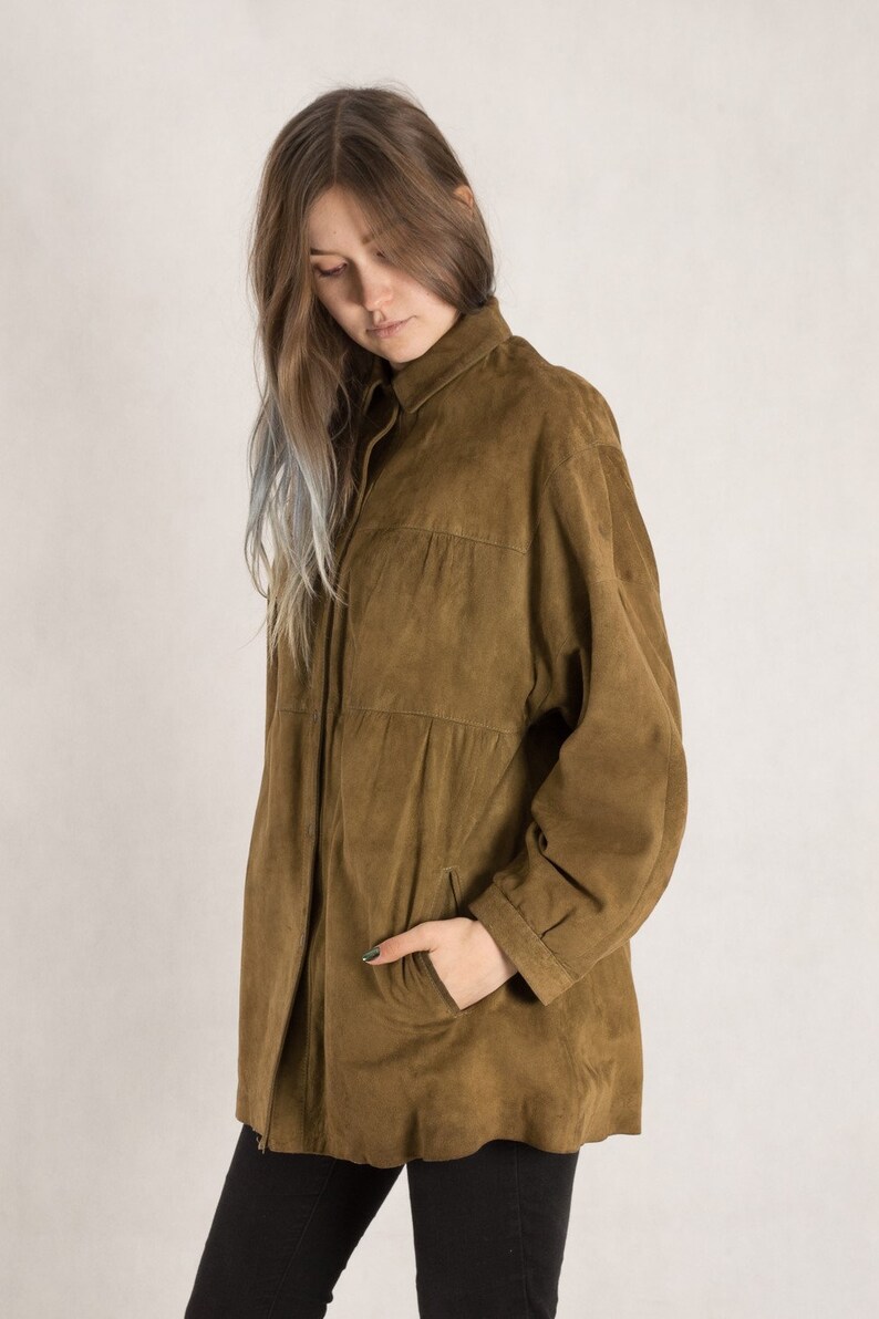 Vintage 90s karl lagerfeld women/'s light brown Suede long sleeve button up shirt \u2022 Hippie designers Collar shirt \u2022 Vintage clothing