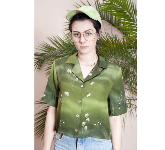 Flowery crop top•Cropped top•90s blouse•Short slee