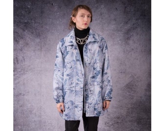 80s vintage all over abstract print, blue long parka jacket