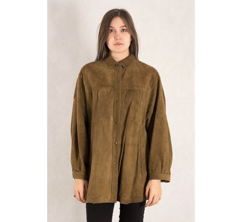 Vintage 90s karl lagerfeld women/'s light brown Suede long sleeve button up shirt \u2022 Hippie designers Collar shirt \u2022 Vintage clothing