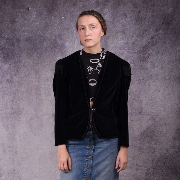 90s blazer made of velour in black collor with fancy adornment on shoulders / Vintage clothing by Mooha