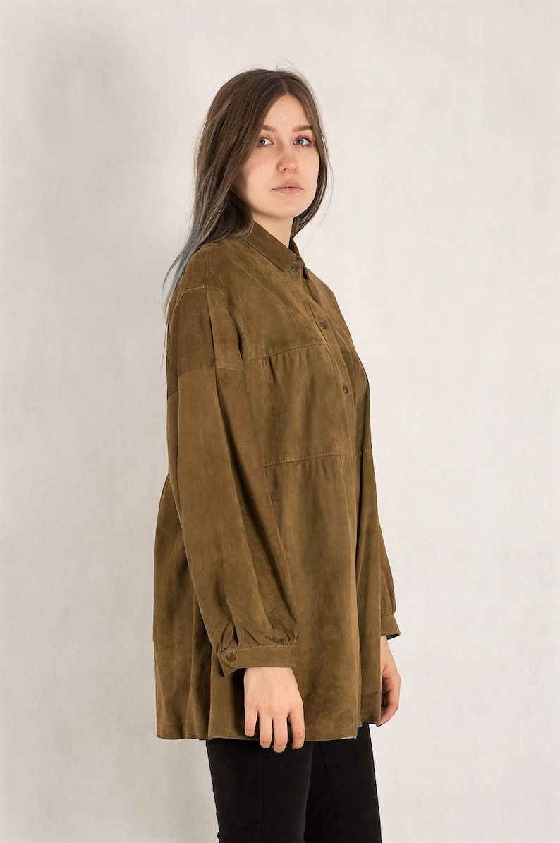 Vintage 90s karl lagerfeld women/'s light brown Suede long sleeve button up shirt \u2022 Hippie designers Collar shirt \u2022 Vintage clothing