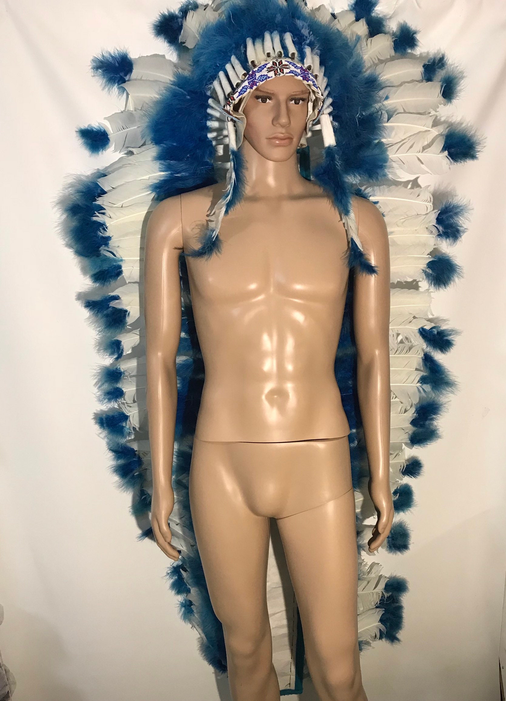 Native American Indian Long 55" bleu plume blanche coiffe War Bonnet Native American Indian Long coiffe 55