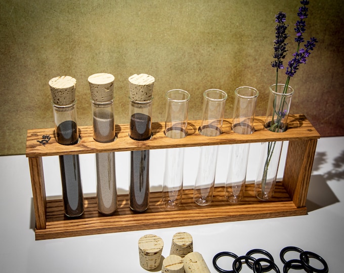 Vintage Wooden Lab Rack Test Tube Holder With Five Test Tubes, Lab