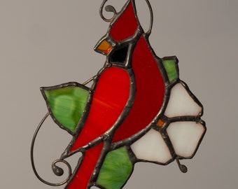 Stained glass cardinal window hanging suncatcher.