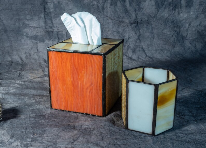 Stained Glass Tissue Box And/or Candle Holder in Caramel, Tan and White