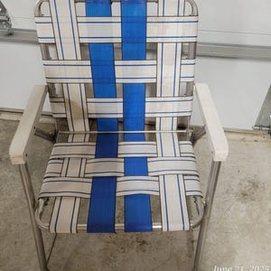 Silla plegable vintage de aluminio con correas para patio, playa, jardín, porche, color azul y blanco