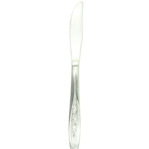 May include: A silver butter knife with a curved blade and a decorative floral pattern on the handle. The knife is made of stainless steel and is designed for spreading butter or other soft spreads. The knife is shown against a white background.