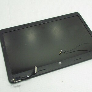 May include: A black HP laptop screen assembly featuring a rectangular display panel with a thin bezel. The unit includes exposed internal wiring, metal hinge components at the bottom corners, and a small HP logo centred on the lower frame edge.
