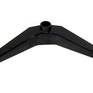 May include: A black V-shaped stand base featuring two angled legs extending from a central cylindrical mounting point. The object has a smooth, matte finish and a wide, stable design intended to support a vertical pole or display component.