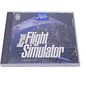 May include: A clear plastic jewel case for the Microsoft Flight Simulator computer game. The cover features a nighttime aerial view of a city, the Microsoft Home logo, the MS-DOS label, and the text Microsoft Flight Simulator As Real As It Gets.