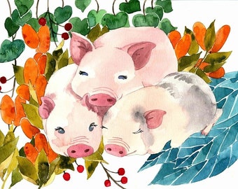 May include: Watercolor painting of three piglets sleeping in a bed of orange and green foliage. The piglets are pink with gray markings and have closed eyes. The foliage is painted in a realistic style.