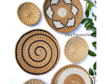 Set of 6 wall plates African basket Wicker basket Boho wall art Woven wall basket round  Wall basket tray Home decor sets of 6 baskets