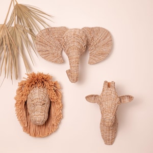 Safari Animal Head Wall Decor, Nursery animal head,Rattan Lion, Elephant & Giraffe Set, Jungle Nursery Wall Art, Boho Safari Baby Room Decor