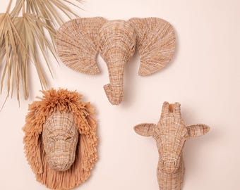 Safari Animal Head Wall Decor, Nursery animal head,Rattan Lion, Elephant & Giraffe Set, Jungle Nursery Wall Art, Boho Safari Baby Room Decor