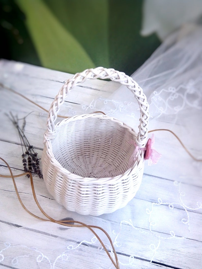 White wicker flower Girl basket Wedding basket white Small Etsy