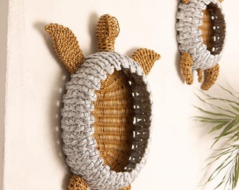 Silver Turtle Wall Basket Set, Handmade Coastal Animal Decor, Boho Nursery Wall Art, Ocean Turtle basket, Boho Wall Art, Set of 3 turtle